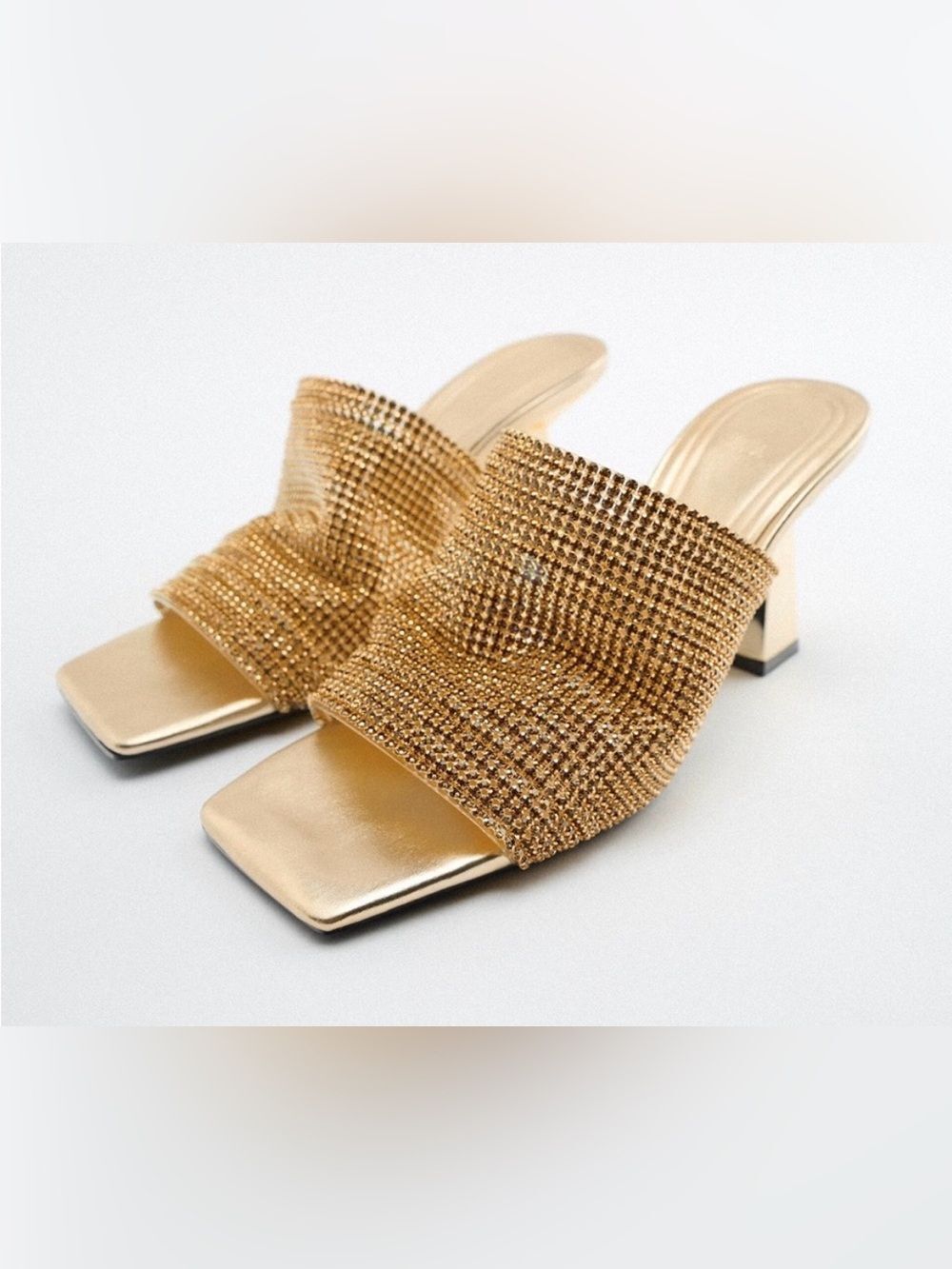 Zara Gold Rhinestone Mesh Mules Heels 8